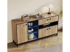 Aparador minimalista moderno - 160 x 40 x 84,5 cm - con 3 puertas + LED + 2 cajones + estantes de cristal - madera - natural