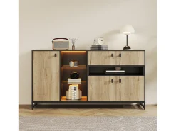 Aparador minimalista moderno - 160 x 40 x 84,5 cm - con 3 puertas + LED + 2 cajones + estantes de cristal - madera - natural