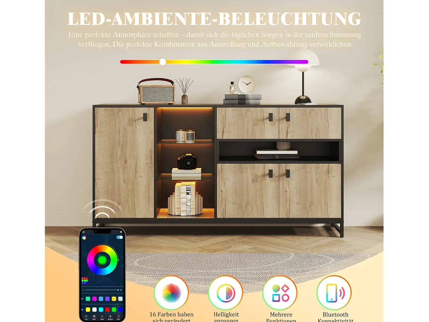 Aparador minimalista moderno - 160 x 40 x 84,5 cm - con 3 puertas + LED + 2 cajones + estantes de cristal - madera - natural