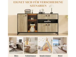 Aparador minimalista moderno - 160 x 40 x 84,5 cm - con 3 puertas + LED + 2 cajones + estantes de cristal - madera - natural