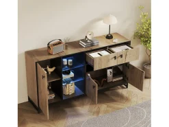 Aparador minimalista moderno - 160 x 40 x 84,5 cm - con 3 puertas + LED + 2 cajones + estantes de cristal - madera - natural