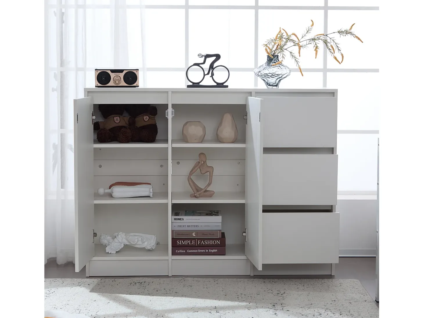 Aparador moderno - 2 puertas y 3 cajones - con estantes ajustables - Blanco