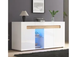 Aparador moderno - 140 x 40 x 70 cm - con 3 puertas + LED + estante de cristal - Aglomerado - Blanco
