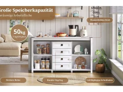 Aparador moderno - 137 x 40 x 81,5 cm - con 2 puertas correderas + 4 cajones - MDF - Blanco