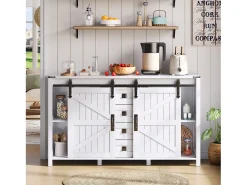 Aparador moderno - 137 x 40 x 81,5 cm - con 2 puertas correderas + 4 cajones - MDF - Blanco