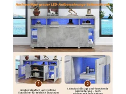 Aparador moderno - 140 x 40 x 70 cm - Vitrina lateral - con LED + 4 puertas + 3 módulos de almacenamiento de cristal templado - MDF - Gris