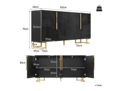 Aparador moderno - 152 x 40 x 75 cm - con 4 puertas + patas doradas - MDF - negro