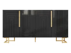 Aparador moderno - 152 x 40 x 75 cm - con 4 puertas + patas doradas - MDF - negro