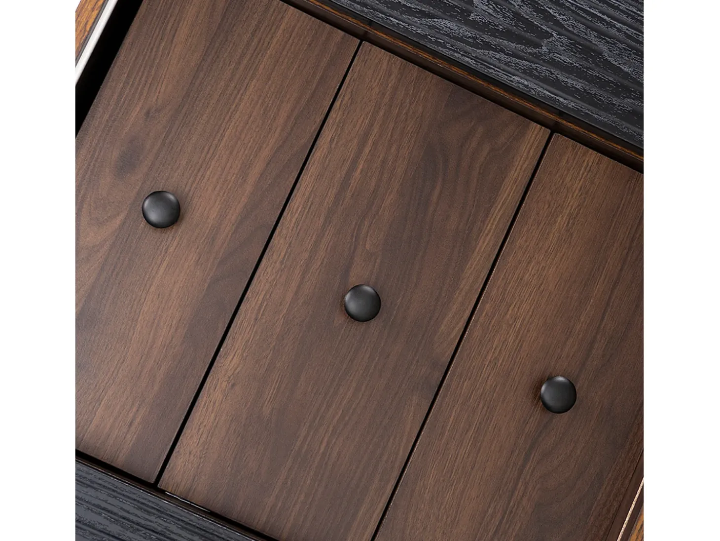 Aparador moderno, 3 cajones, diseño de madera, con estantes de almacenamiento, tablero de partículas, negro y madera (117,5x40x80 cm)