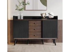 Aparador moderno, 3 cajones, diseño de madera, con estantes de almacenamiento, tablero de partículas, negro y madera (117,5x40x80 cm)