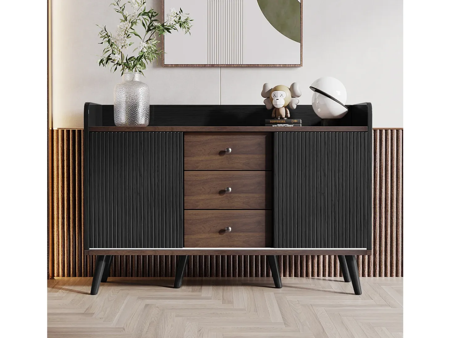 Aparador moderno, 3 cajones, diseño de madera, con estantes de almacenamiento, tablero de partículas, negro y madera (117,5x40x80 cm)