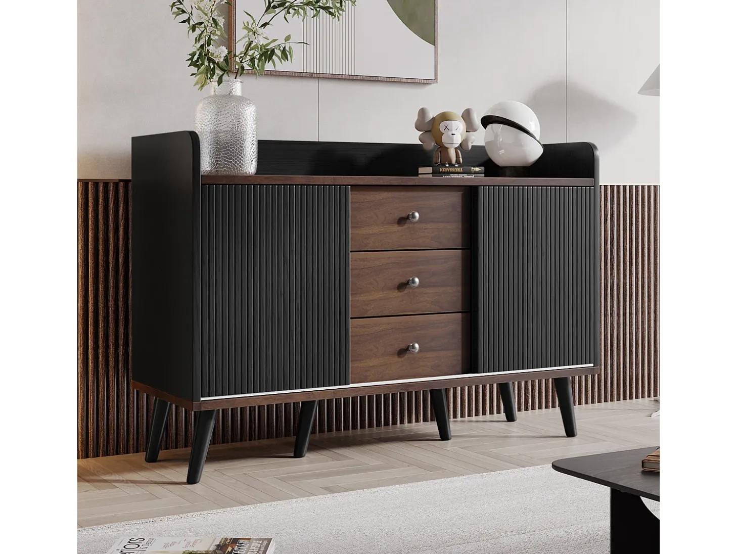 Aparador moderno, 3 cajones, diseño de madera, con estantes de almacenamiento, tablero de partículas, negro y madera (117,5x40x80 cm)