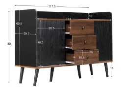 Aparador moderno, 3 cajones, diseño de madera, con estantes de almacenamiento, tablero de partículas, negro y madera (117,5x40x80 cm)