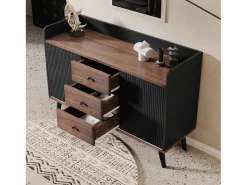 Aparador moderno, 3 cajones, diseño de madera, con estantes de almacenamiento, tablero de partículas, negro y madera (117,5x40x80 cm)