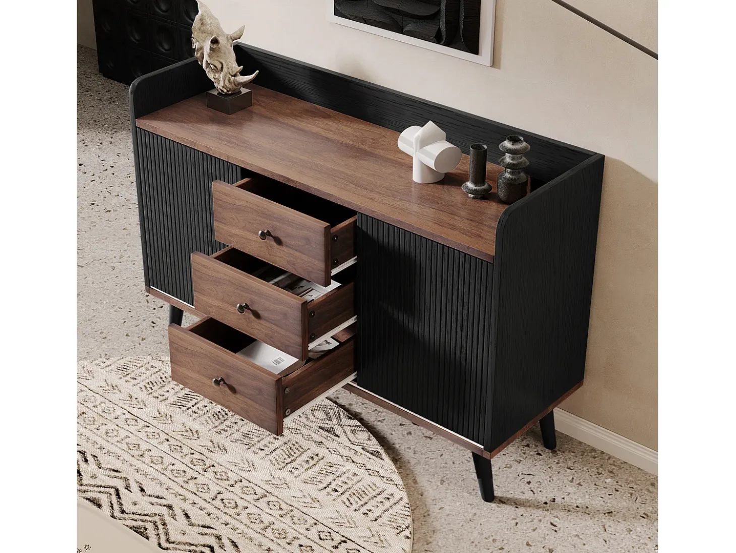 Aparador moderno, 3 cajones, diseño de madera, con estantes de almacenamiento, tablero de partículas, negro y madera (117,5x40x80 cm)