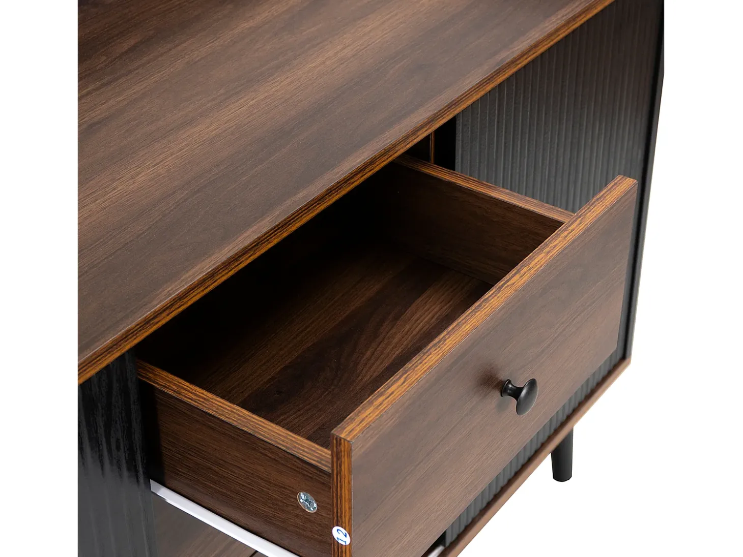 Aparador moderno, 3 cajones, diseño de madera, con estantes de almacenamiento, tablero de partículas, negro y madera (117,5x40x80 cm)