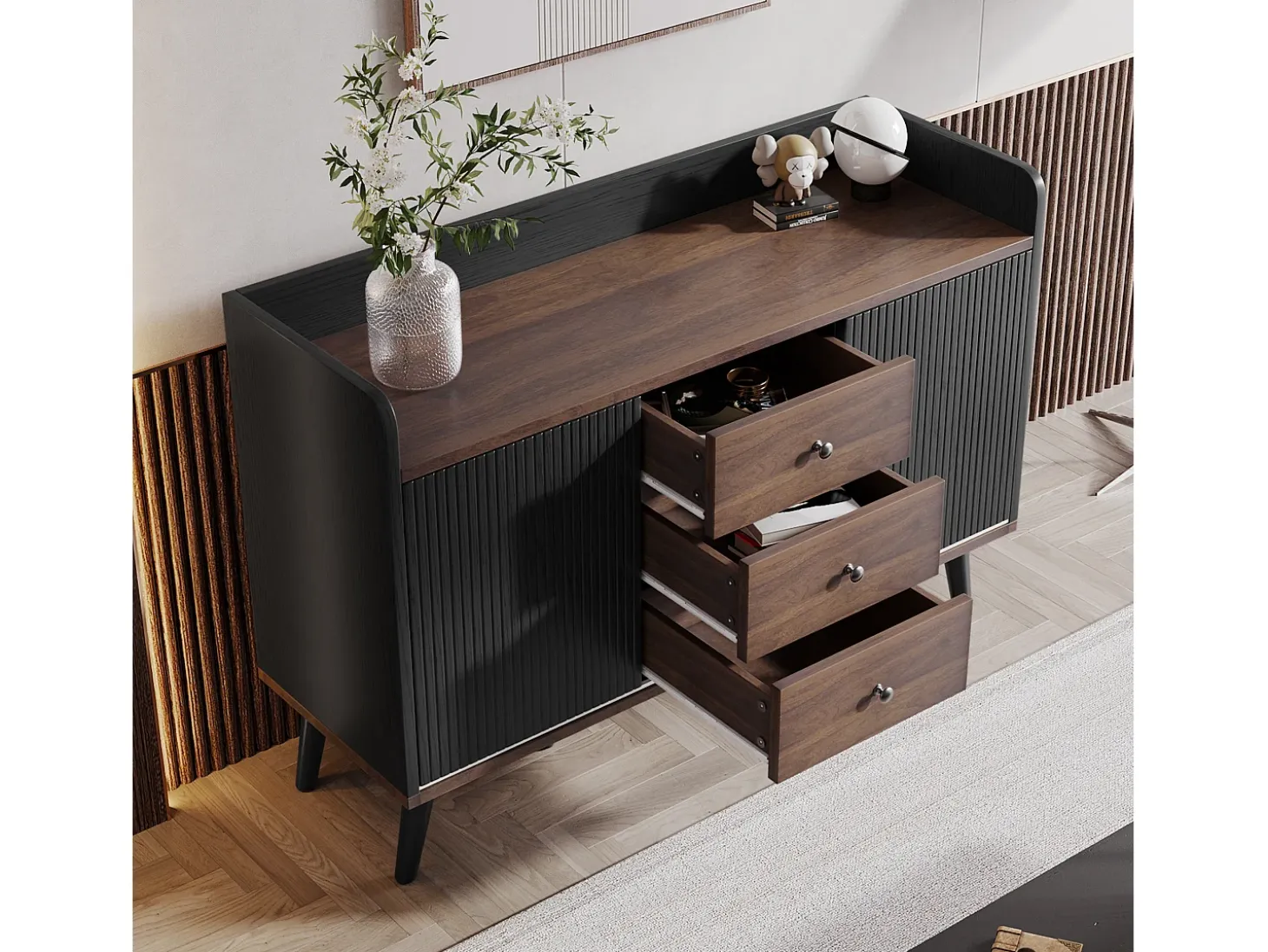 Aparador moderno, 3 cajones, diseño de madera, con estantes de almacenamiento, tablero de partículas, negro y madera (117,5x40x80 cm)