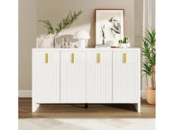 Aparador moderno, 4 puertas, 4 cajones, MDF, blanco con detalles dorados (140x38x80 cm)