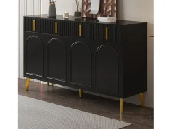 Aparador moderno, 4 puertas, 4 cajones, acabado madera y negro, con detalles dorados (140x37,8x82 cm)