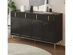 Aparador moderno, 4 puertas, 4 cajones, acabado madera y negro, con detalles dorados (140x37,8x82 cm)
