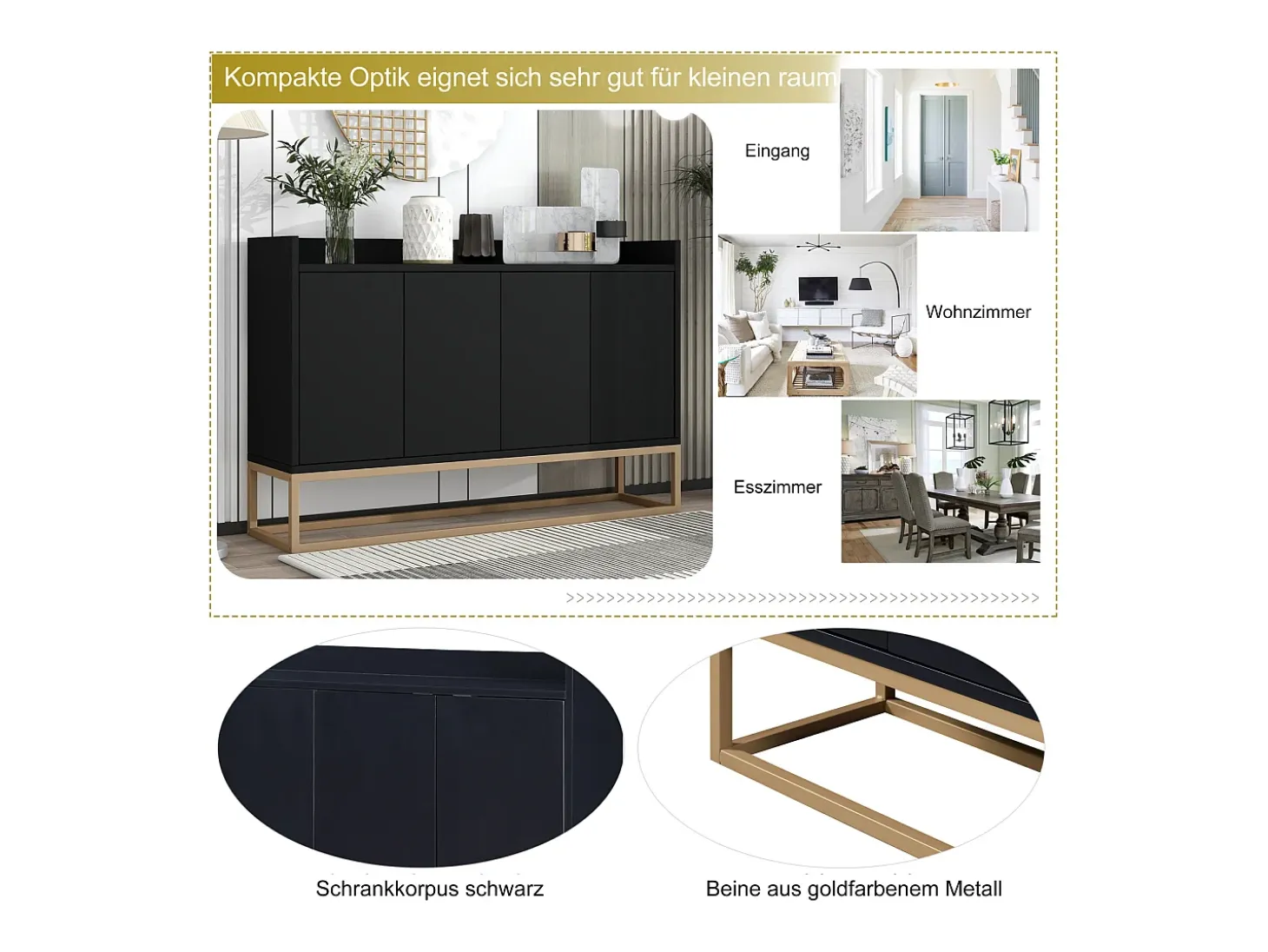 Aparador Moderno 120 x 30 x 80 cm - Aparador Estilo Minimalista con 4 Puertas para Comedor, Salón, Cocina - Negro