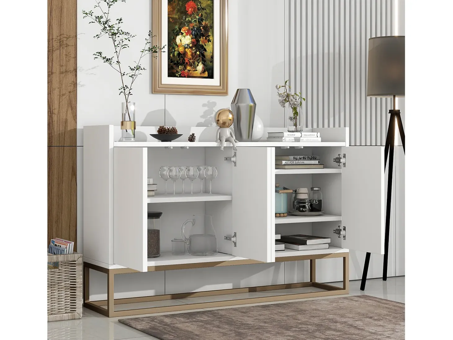 Aparador Moderno 120 x 30 x 80 cm - Aparador Estilo Minimalista con 4 Puertas para Comedor, Salón, Cocina - Blanco