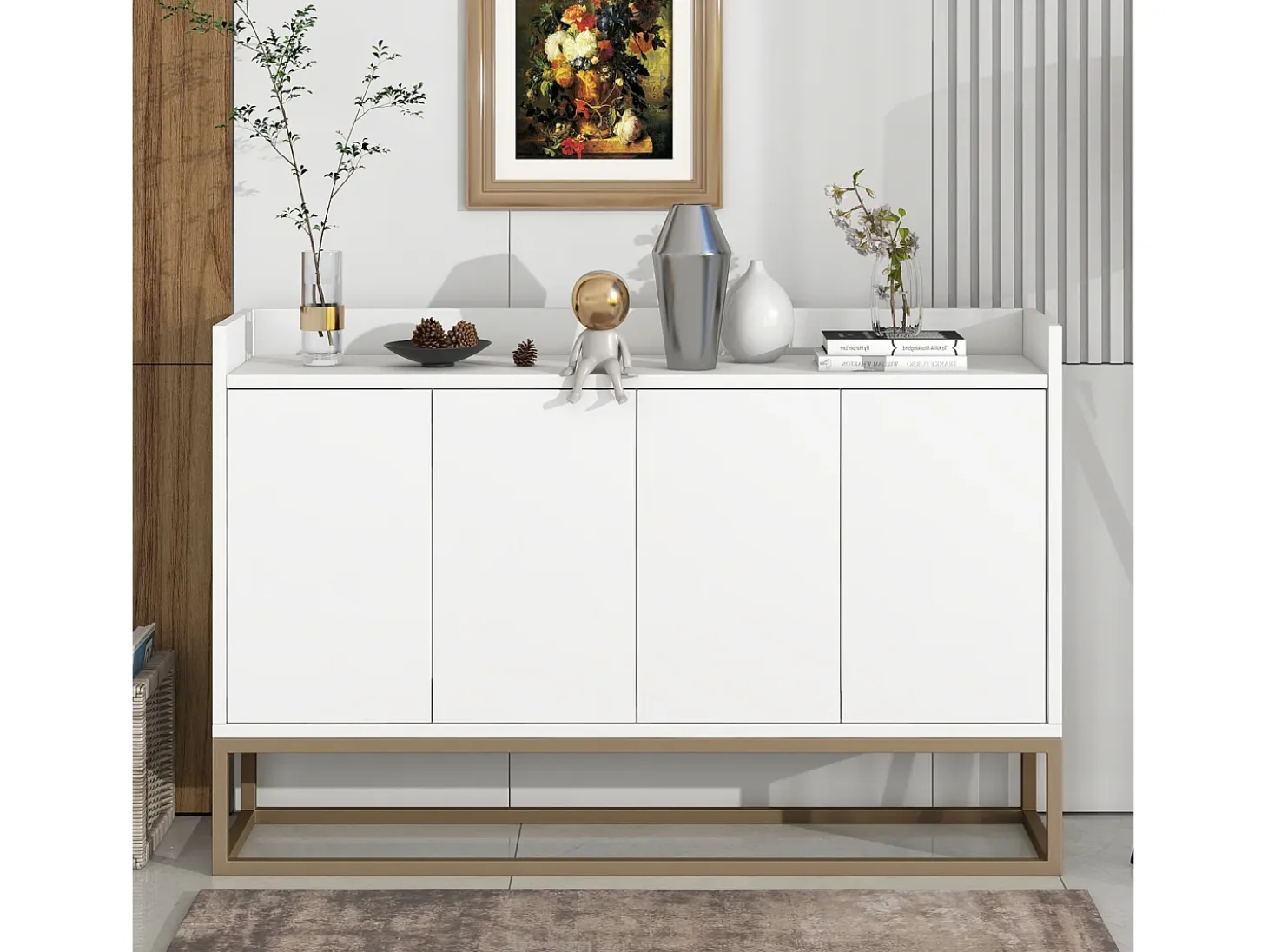 Aparador Moderno 120 x 30 x 80 cm - Aparador Estilo Minimalista con 4 Puertas para Comedor, Salón, Cocina - Blanco
