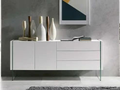 Aparador moderno Belina 2 puertas 3 cajones lacado blanco y cristal templado 180 cm
