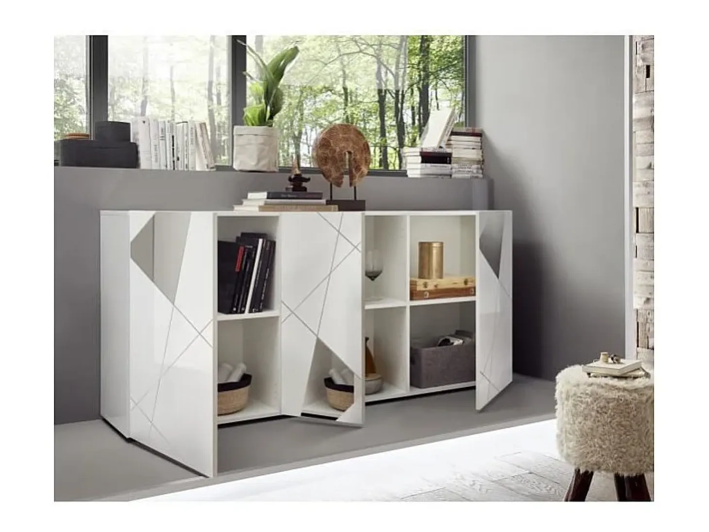 Aparador moderno blanco brillante 181cm 3 puertas espejo Vittoria WH S
