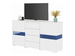 Aparador moderno brillante - 145 x 35 x 72 cm - con 2 puertas + 4 cajones + LED - MDF - blanco