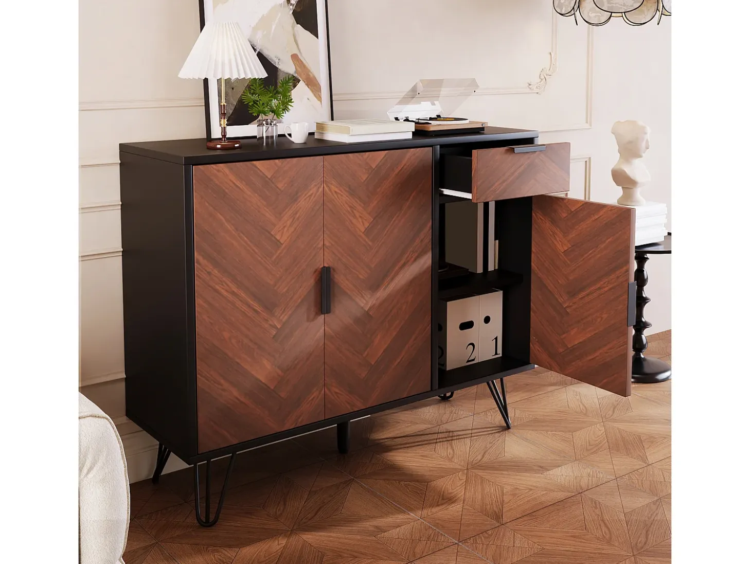 Aparador moderno con 1 cajón y estantes regulables, fabricado en MDF y tablero de partículas, color negro y madera (90x30x71,5 cm)