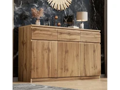 Aparador moderno con 3 cajones y 3 puertas - 135 x 40 x 81 cm - Tablero de partículas - para comedor - Color madera
