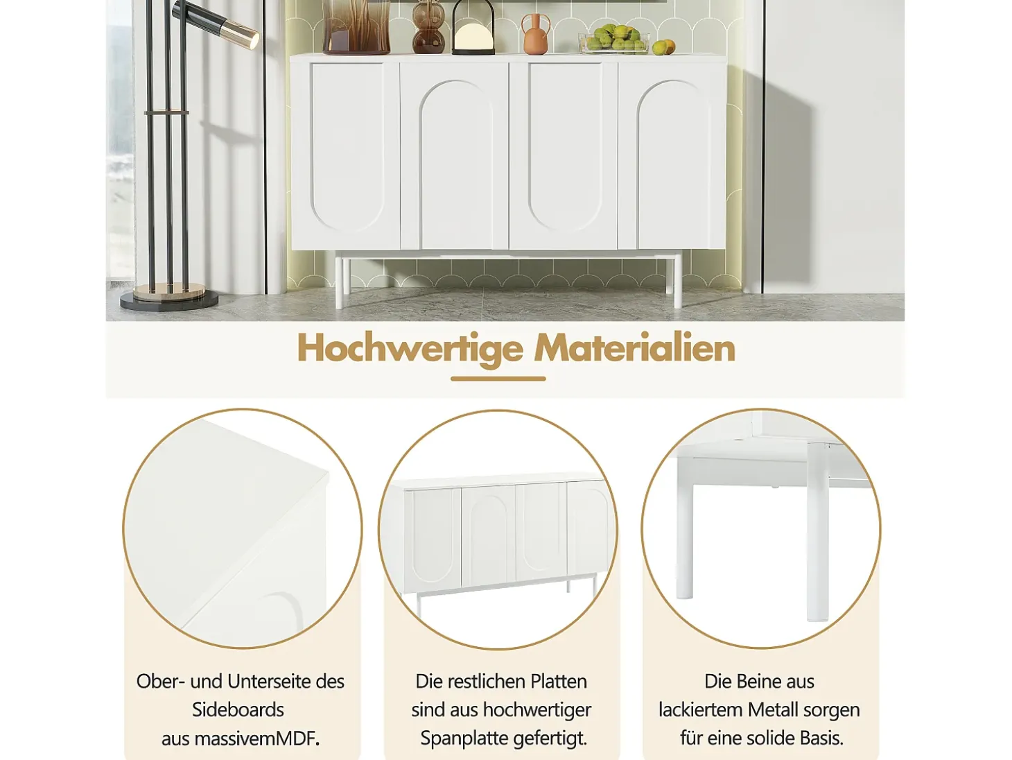 Aparador moderno con 4 puertas - 140 x 42 x 80 cm - madera MDF - color blanco