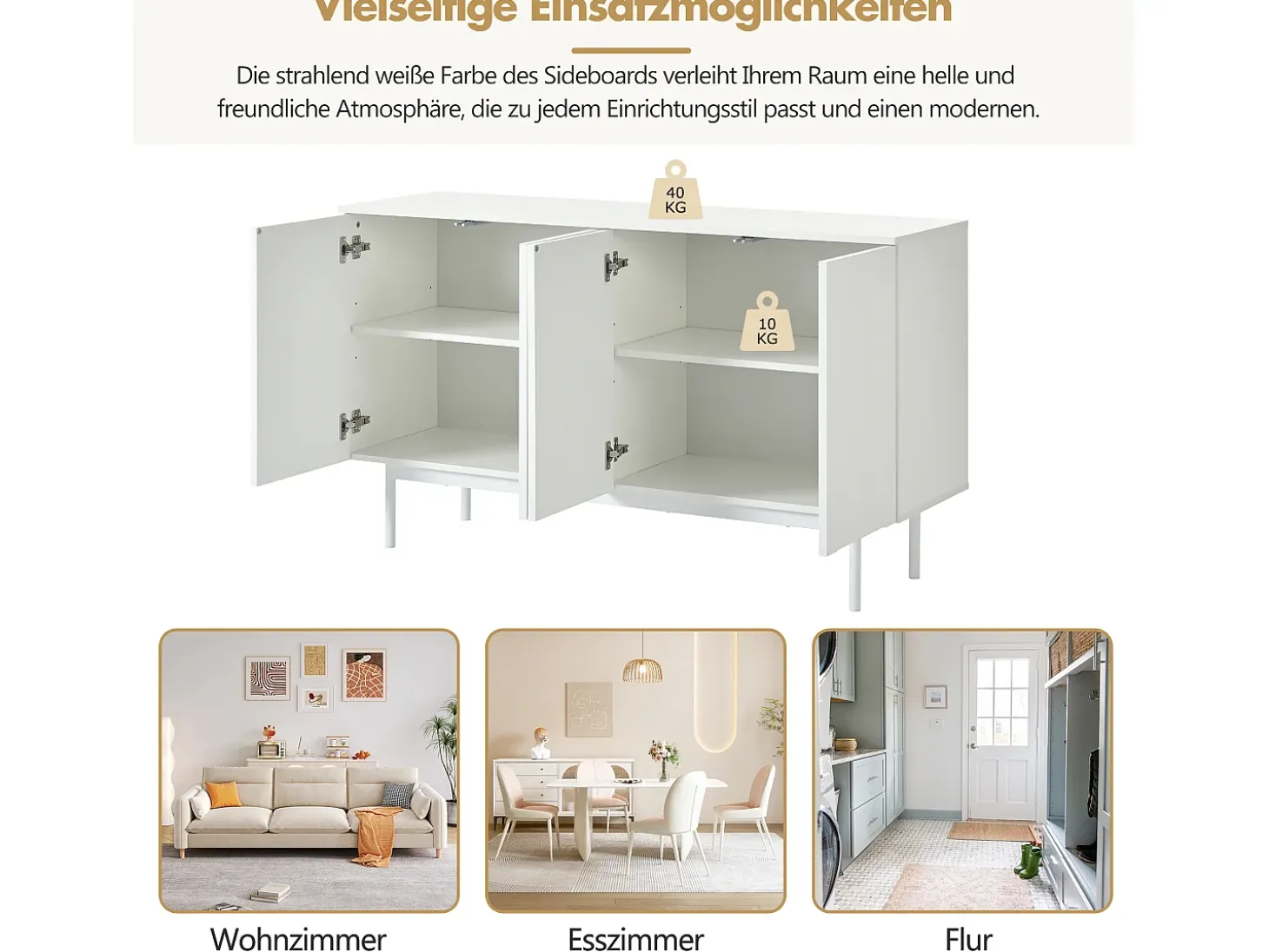 Aparador moderno con 4 puertas - 140 x 42 x 80 cm - madera MDF - color blanco