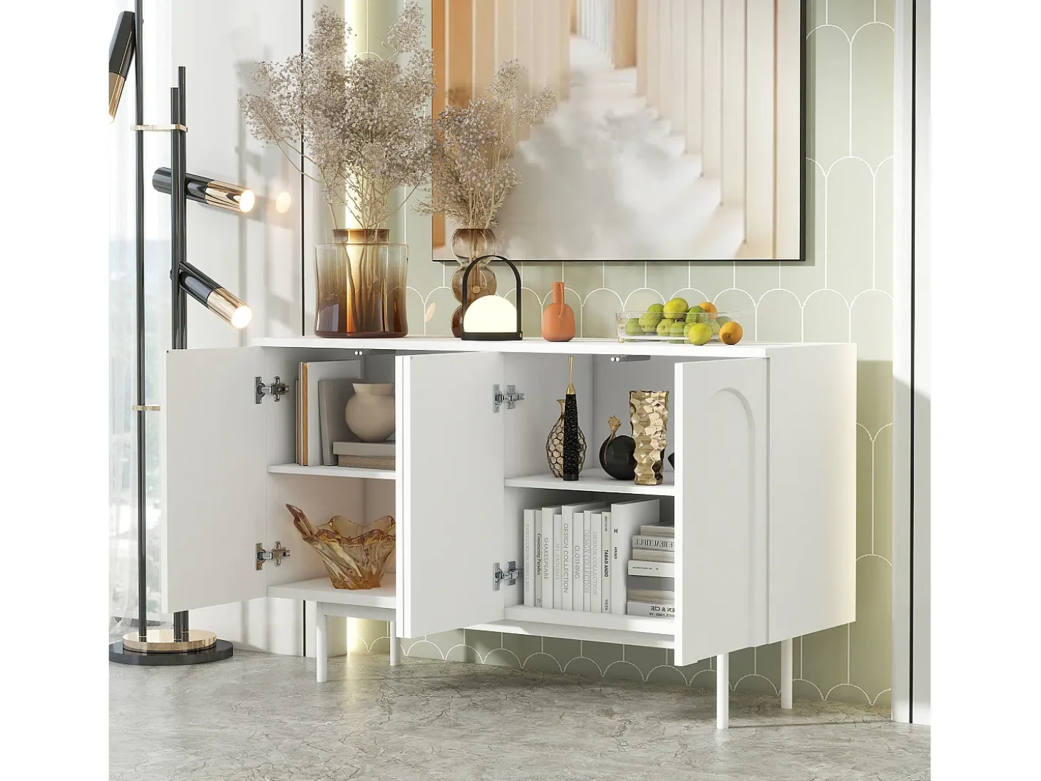 Aparador moderno con 4 puertas - 140 x 42 x 80 cm - madera MDF - color blanco