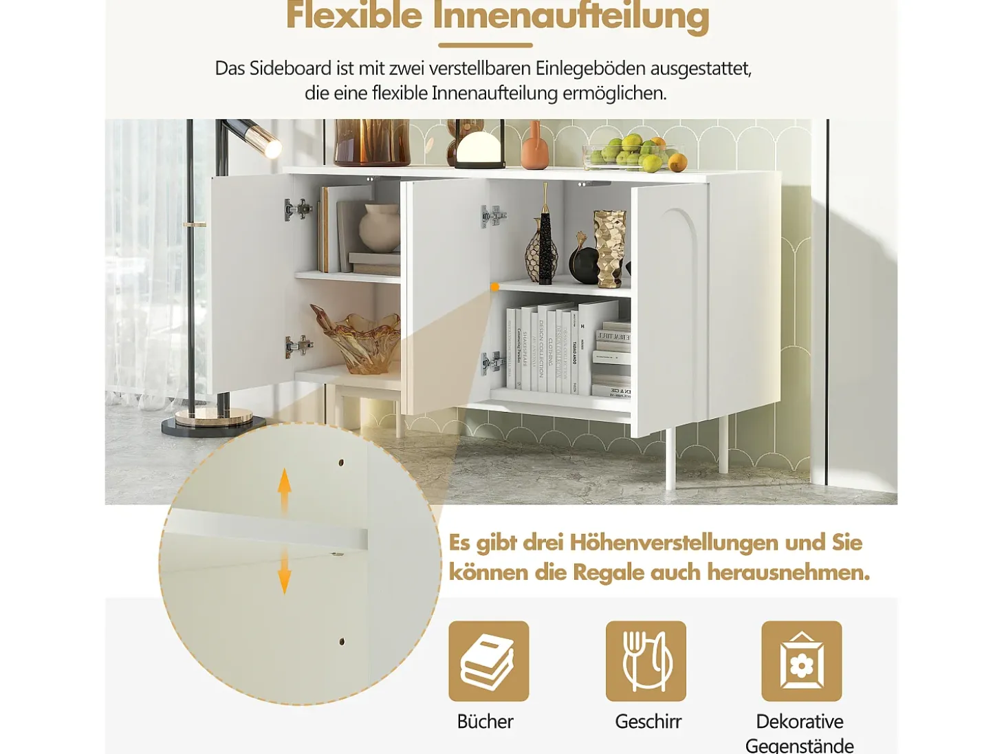 Aparador moderno con 4 puertas - 140 x 42 x 80 cm - madera MDF - color blanco
