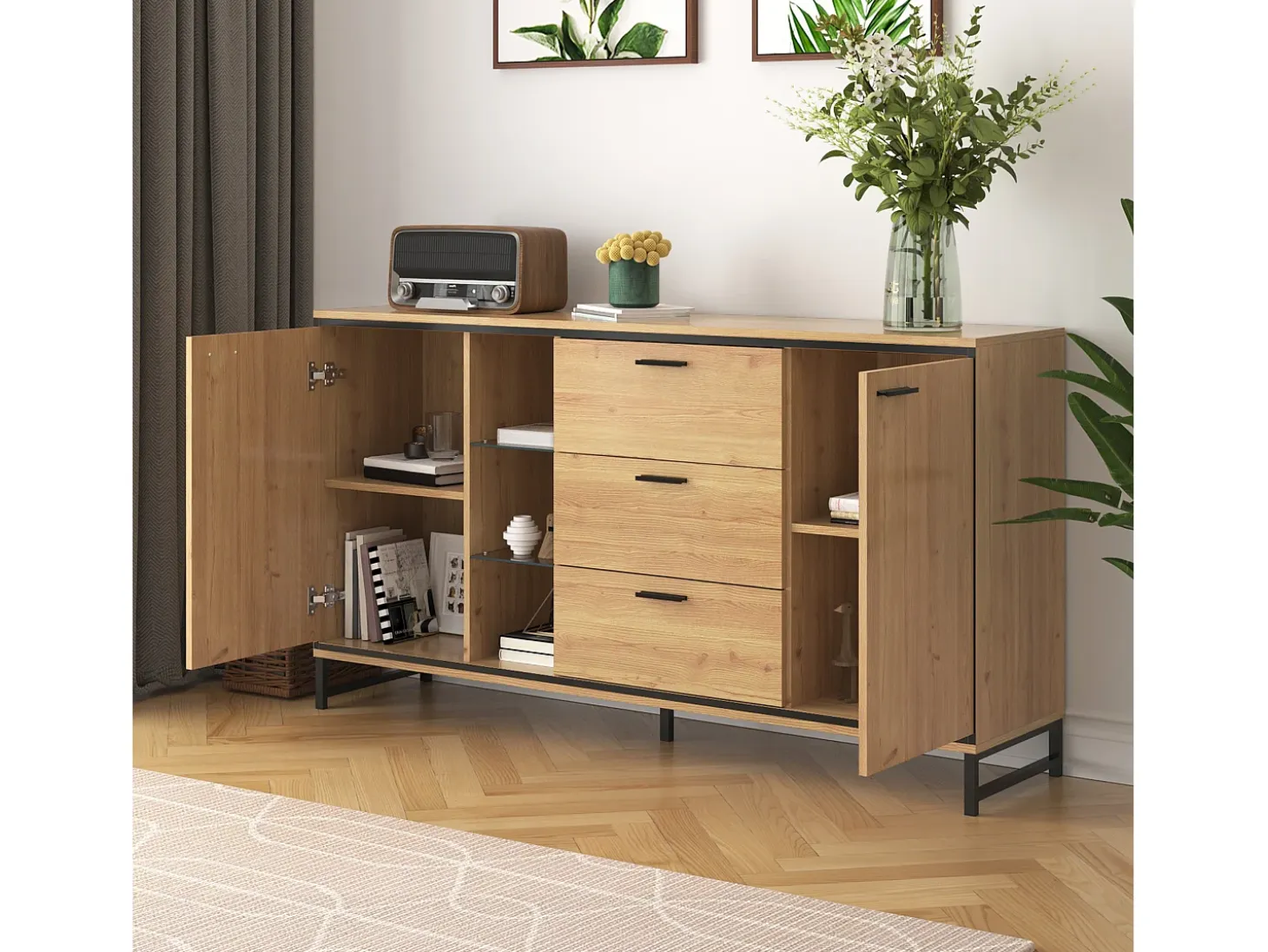 Aparador moderno con 3 puertas y 4 cajones, diseño madera y blanco, 160x40x77 cm