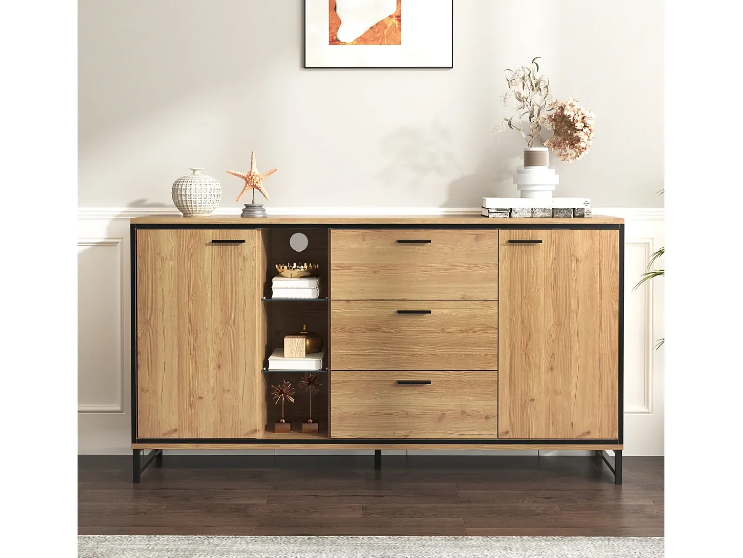 Aparador moderno con 3 puertas y 4 cajones, diseño madera y blanco, 160x40x77 cm