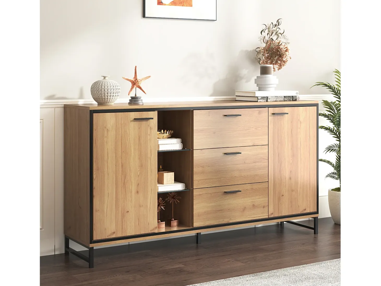 Aparador moderno con 3 puertas y 4 cajones, diseño madera y blanco, 160x40x77 cm