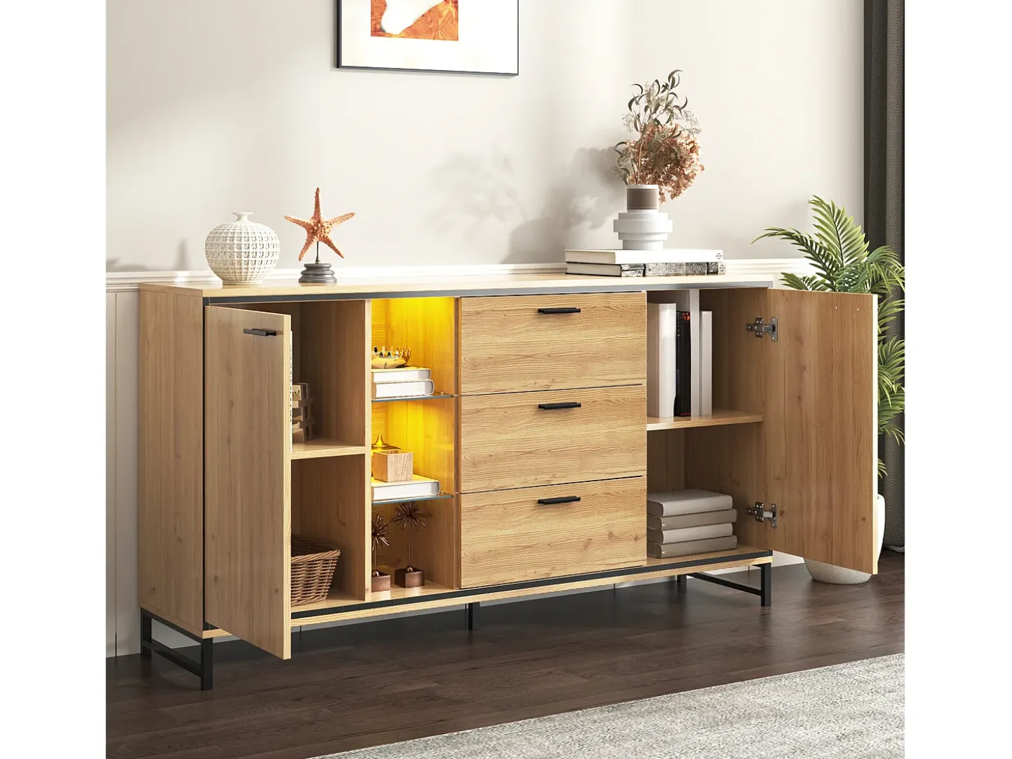 Aparador moderno con 3 puertas y 4 cajones, diseño madera y blanco, 160x40x77 cm