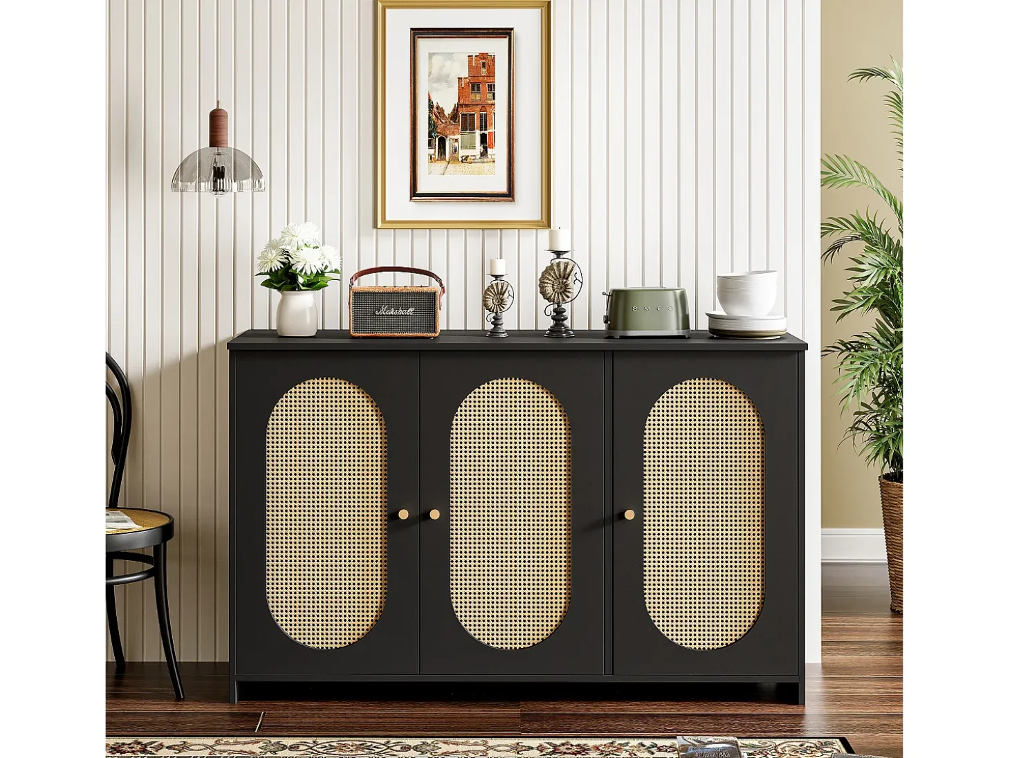 Aparador moderno con 3 puertas en imitación ratán - 125 x 38 x 78 cm - Madera MDF - Negro