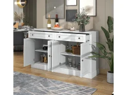 Aparador moderno con 4 puertas y 2 cajones, 150 x 40 x 86 cm (blanco antiguo)