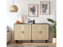 Aparador moderno con 4 puertas de ratán y patas de madera, armario de cocina, negro
