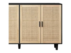 Aparador moderno con 4 puertas de ratán y patas de madera, armario de cocina, negro