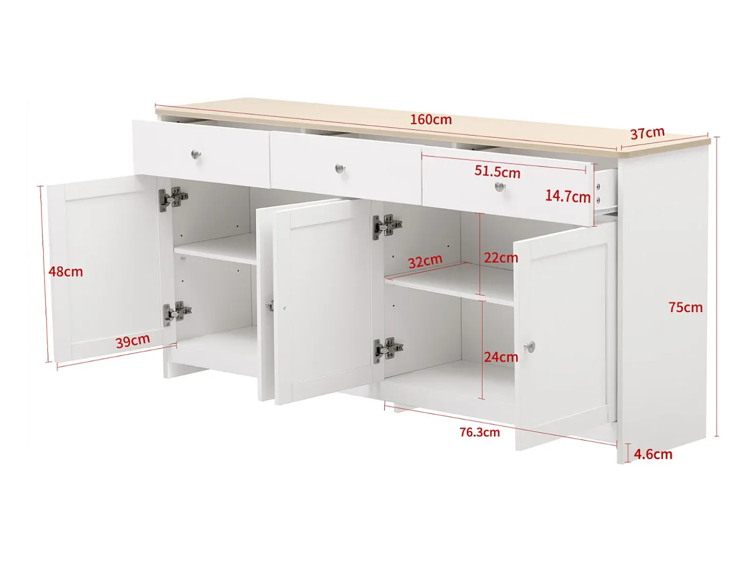 Aparador Moderno con 4 Puertas y 3 Cajones, Buffet para Comedor y Salón, 160 x 37 x 75 cm - Blanco Antiguo + Madera Natural