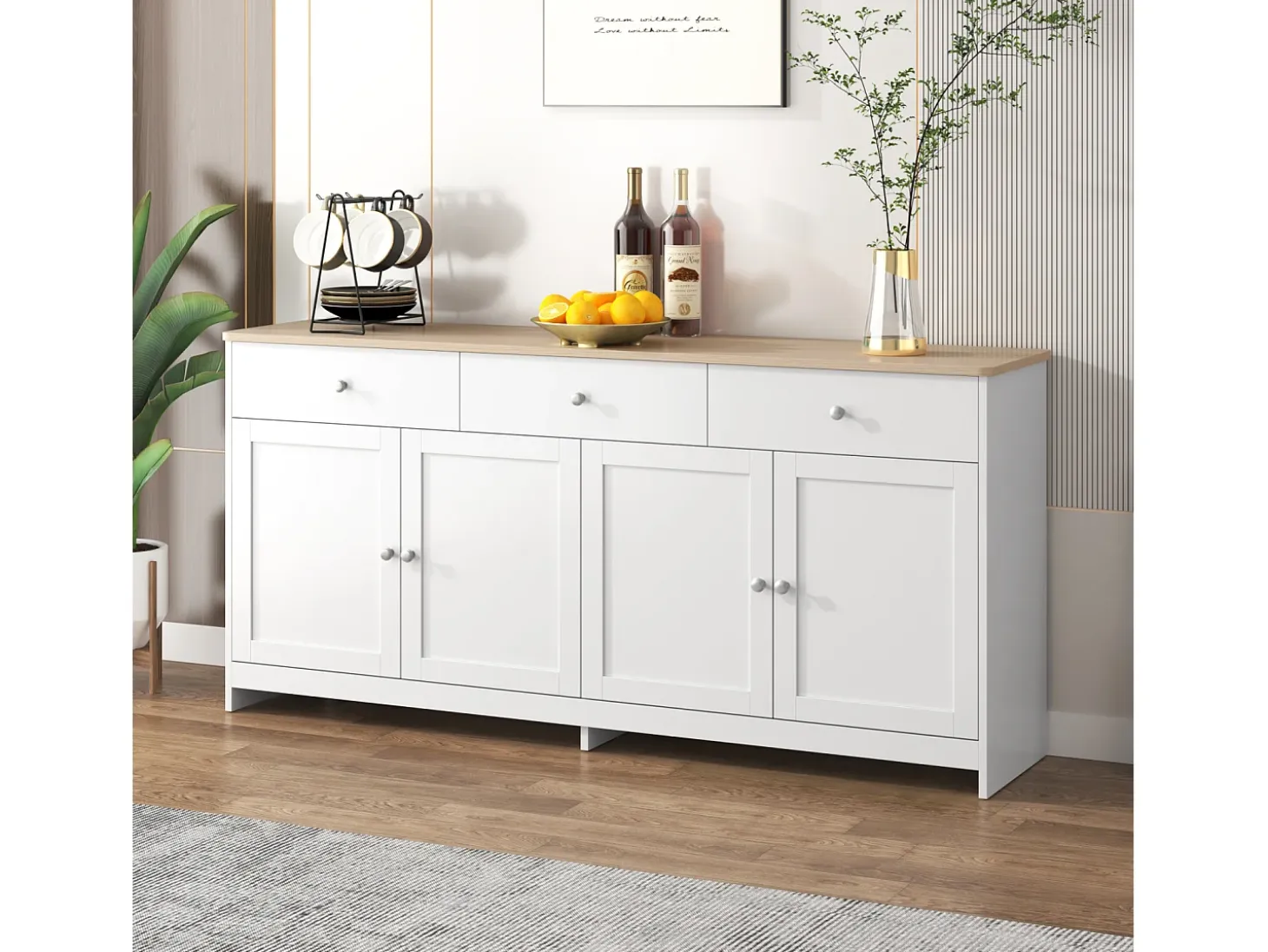 Aparador Moderno con 4 Puertas y 3 Cajones, Buffet para Comedor y Salón, 160 x 37 x 75 cm - Blanco Antiguo + Madera Natural