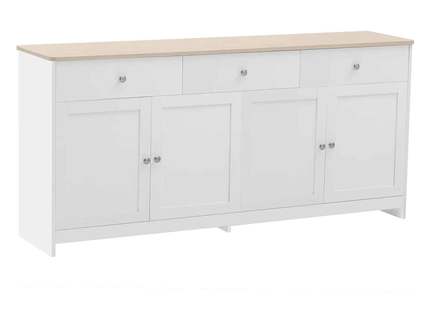 Aparador Moderno con 4 Puertas y 3 Cajones, Buffet para Comedor y Salón, 160 x 37 x 75 cm - Blanco Antiguo + Madera Natural