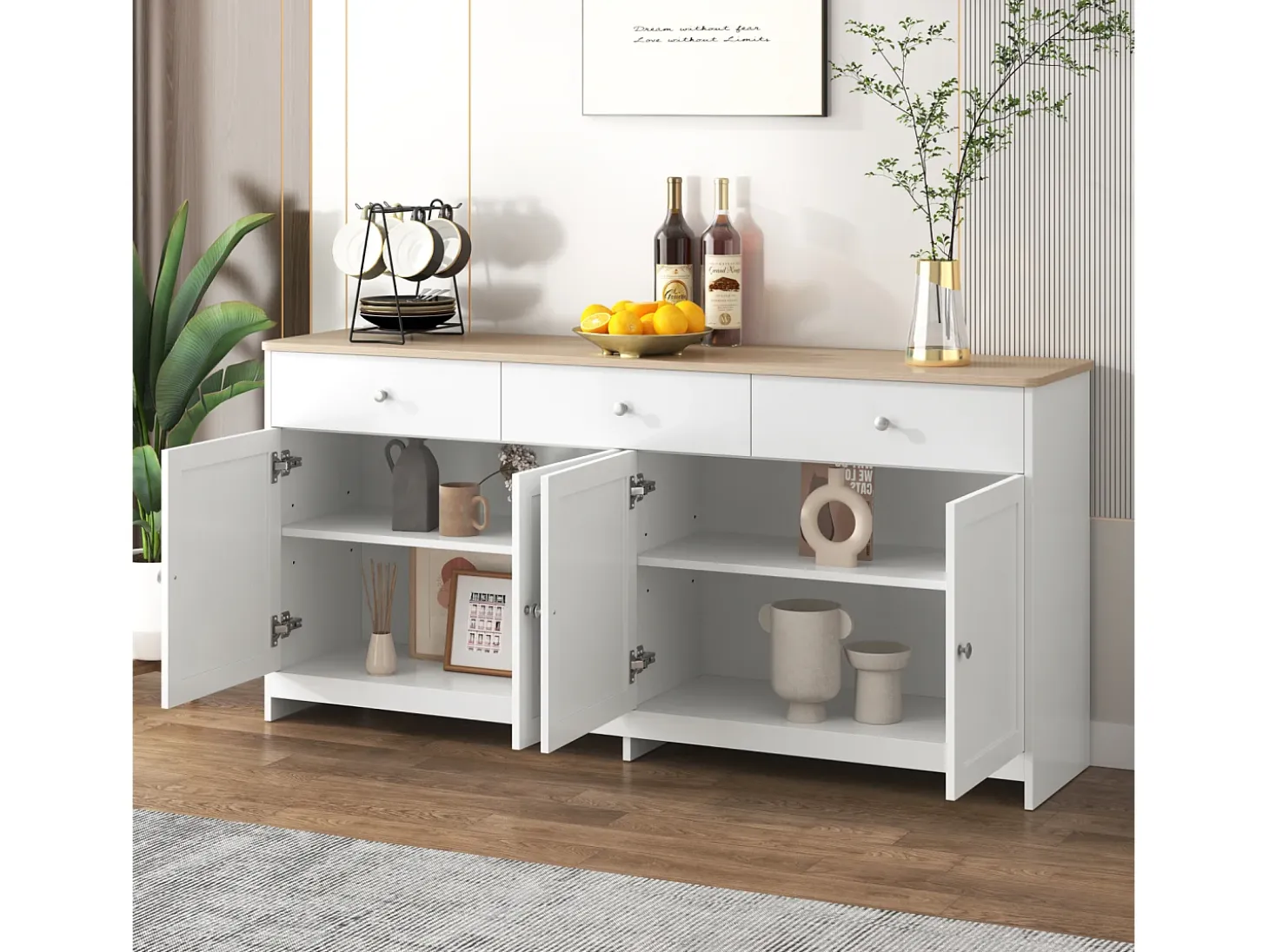 Aparador Moderno con 4 Puertas y 3 Cajones, Buffet para Comedor y Salón, 160 x 37 x 75 cm - Blanco Antiguo + Madera Natural