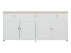 Aparador Moderno con 4 Puertas y 3 Cajones, Buffet para Comedor y Salón, 160 x 37 x 75 cm - Blanco Antiguo + Madera Natural