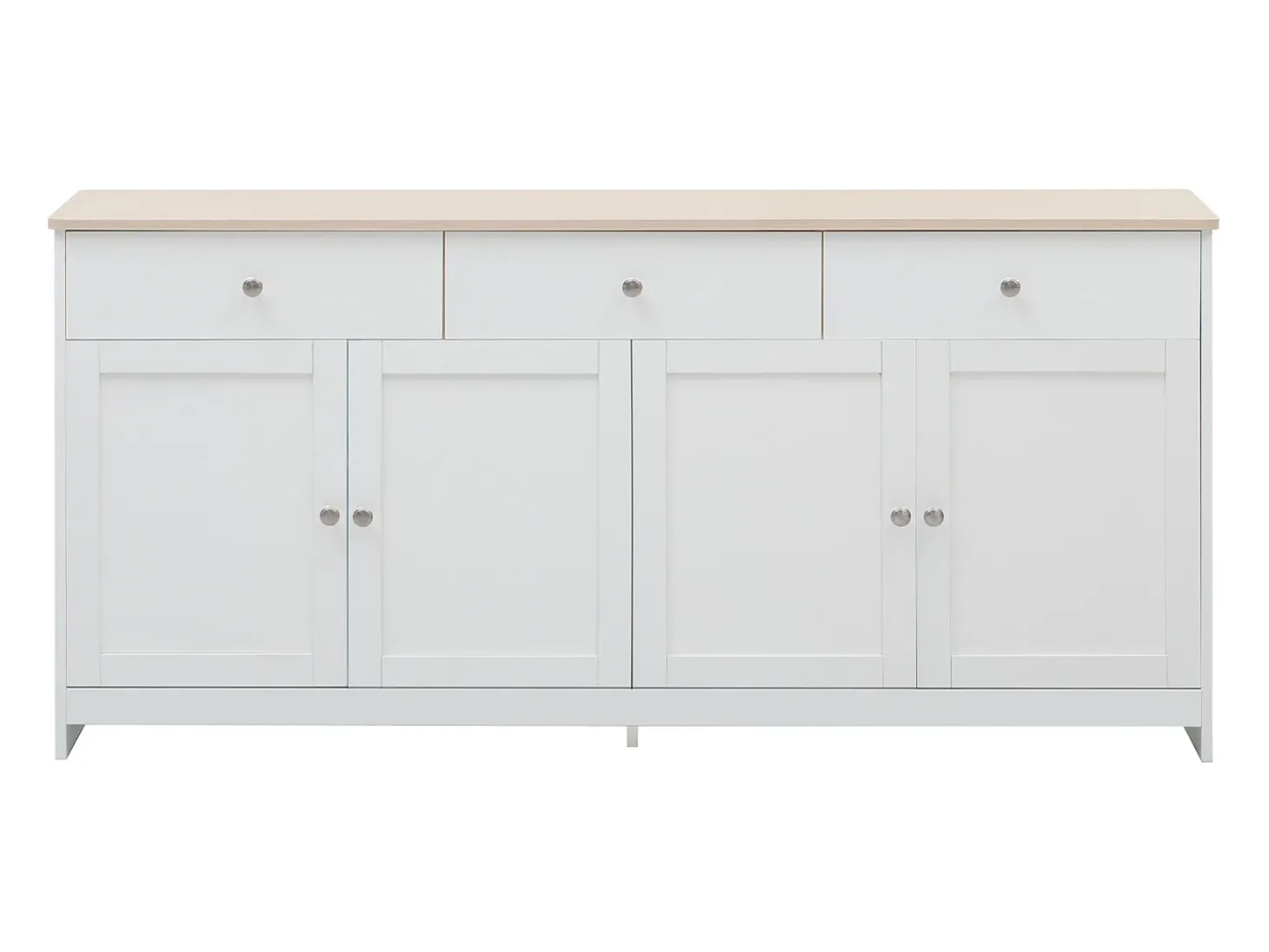 Aparador Moderno con 4 Puertas y 3 Cajones, Buffet para Comedor y Salón, 160 x 37 x 75 cm - Blanco Antiguo + Madera Natural